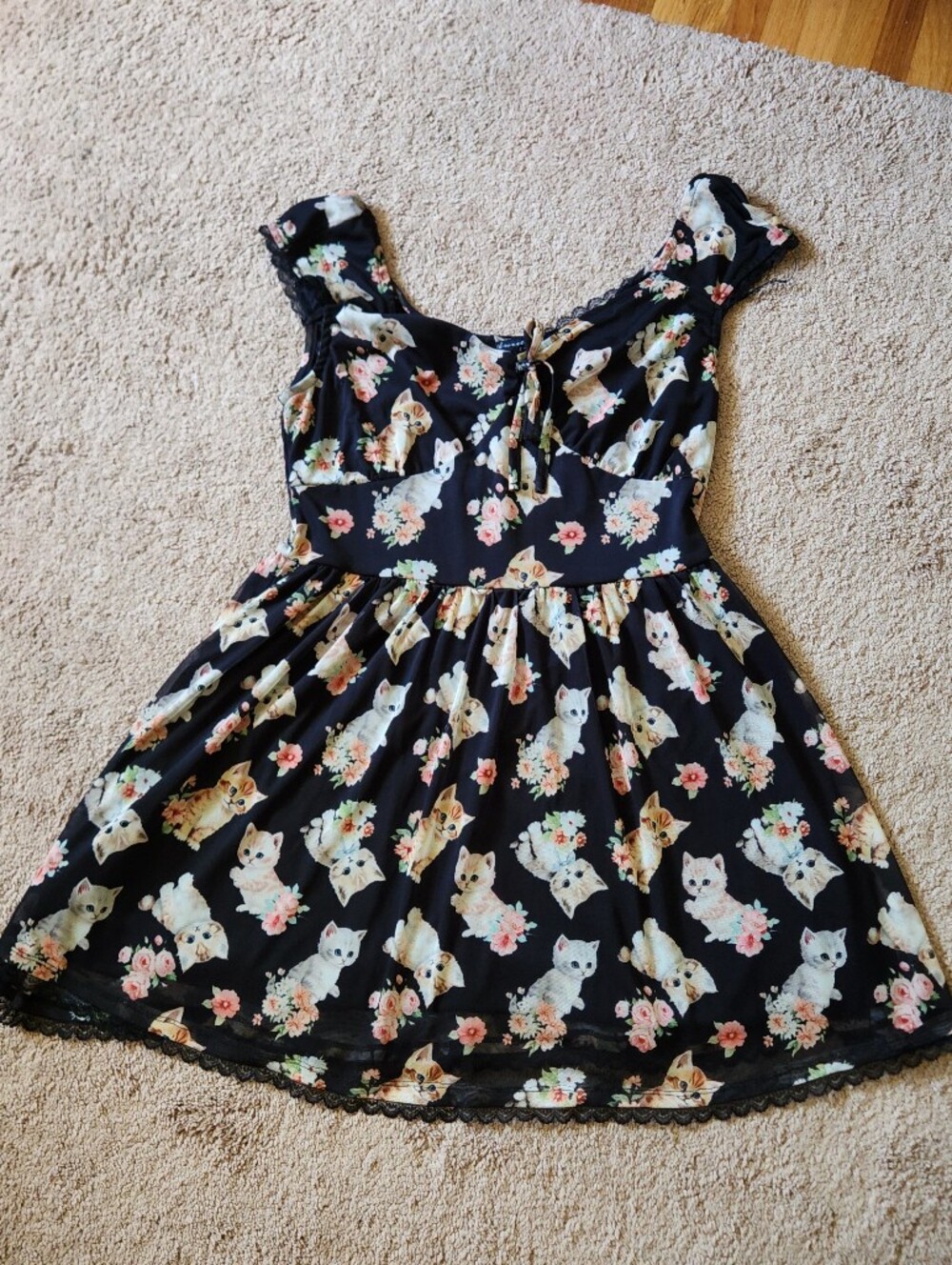 Sweet Society Kitten Roses Lace Mesh Dress Cats Floral Grunge L